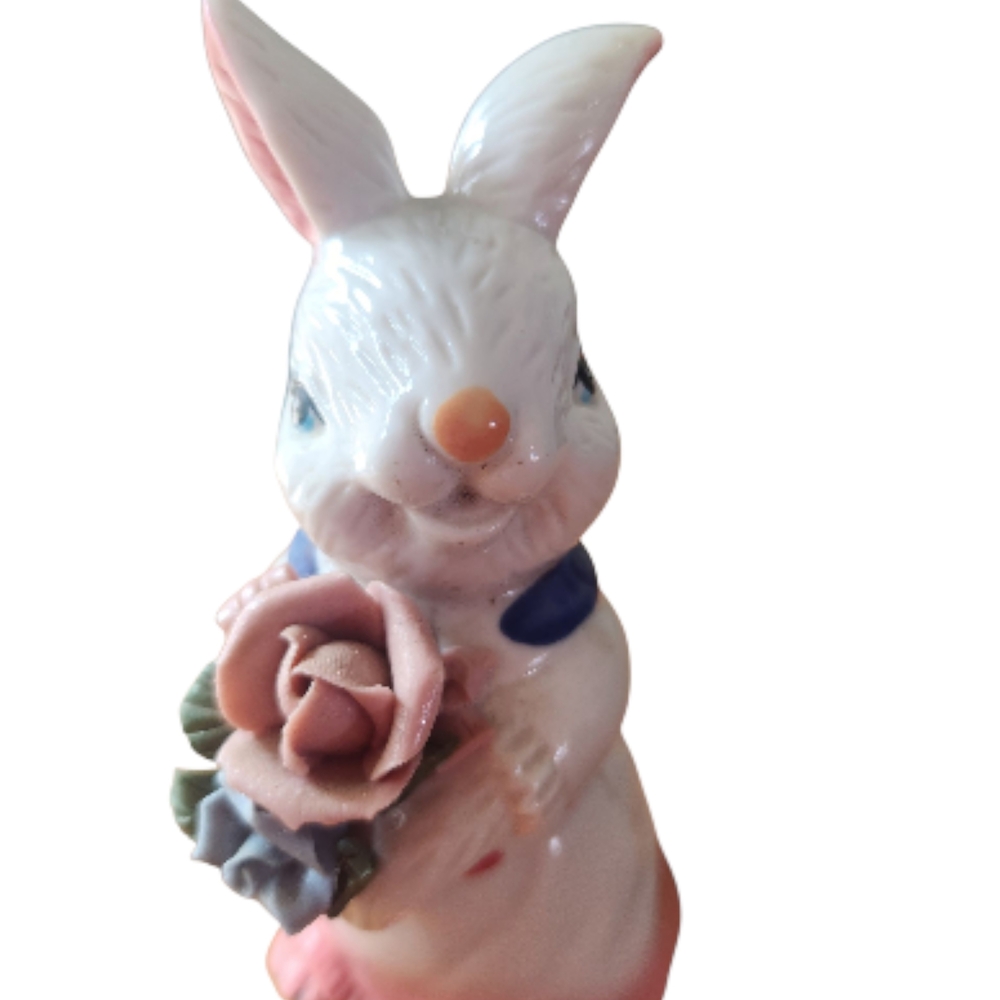 Vintage ceramic bunny figurine, possibly from the "Ribbon Roses" collection.